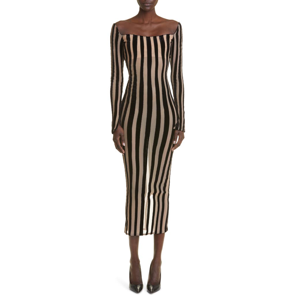 Laquan Smith Stripe Semisheer Long Sleeve Midi Dress In Beige/black