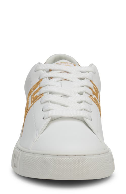 Versace Leather Sneakers Greca Embroidered Detail Gold Accents In White/gold