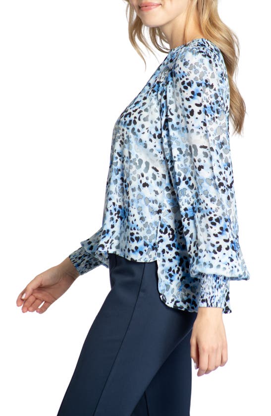 Apny Leopard Print Gathered Neck Chiffon Top In Blue Multi