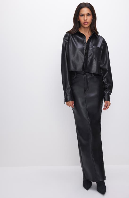 Good American Better Than Leather Crop Faux Leather Button-up Shirt In Black001