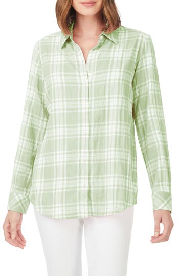Foxcroft Germaine Plaid Tunic Blouse In Sea Mist
