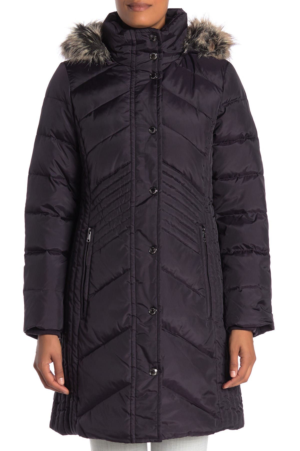 london fog faux fur trim hooded zip puffer down jacket