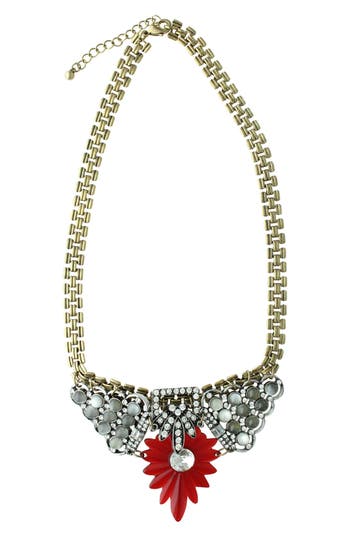 Shop Olivia Welles Gold Plated Rhinestone Statement Necklace In Gold/red/silver