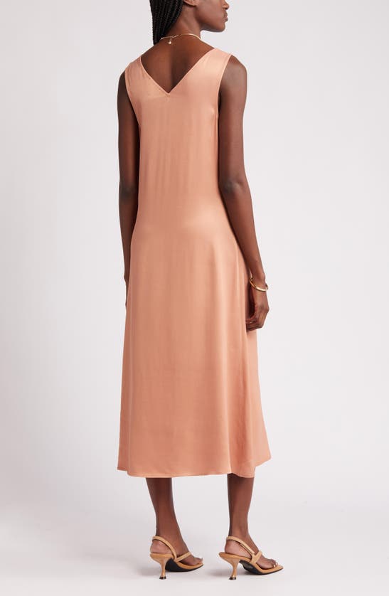 Shop Nordstrom V-neck Sleeveless Satin Midi Dress In Tan Cork