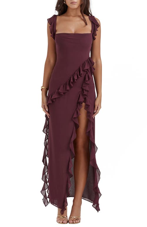 Ariela Ruffle Side Slit Gown in Mulberry