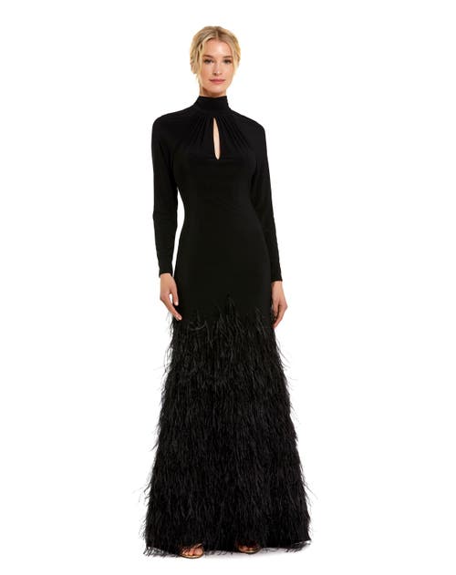 Mac Duggal Jersey Long Sleeve High Neck Keyhole Cutout Feather Detail Gown In Black