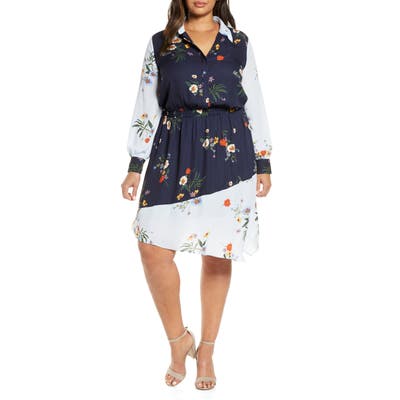 Plus Size Vince Camuto Surreal Garden Long Sleeve Asymmetrical Dress, Black