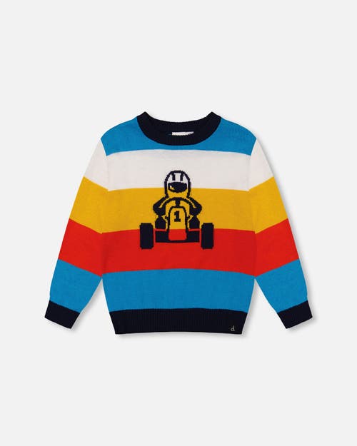 Shop Deux Par Deux Boy's Multicolor Striped Sweater With Karting Jacquard In Peacoat