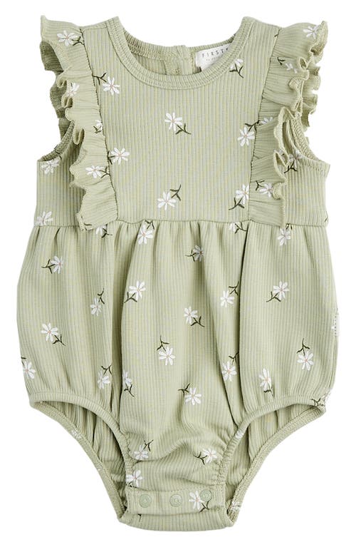 FIRSTS by Petit Lem Daisy Print Rib Bubble Romper Light Green at Nordstrom,