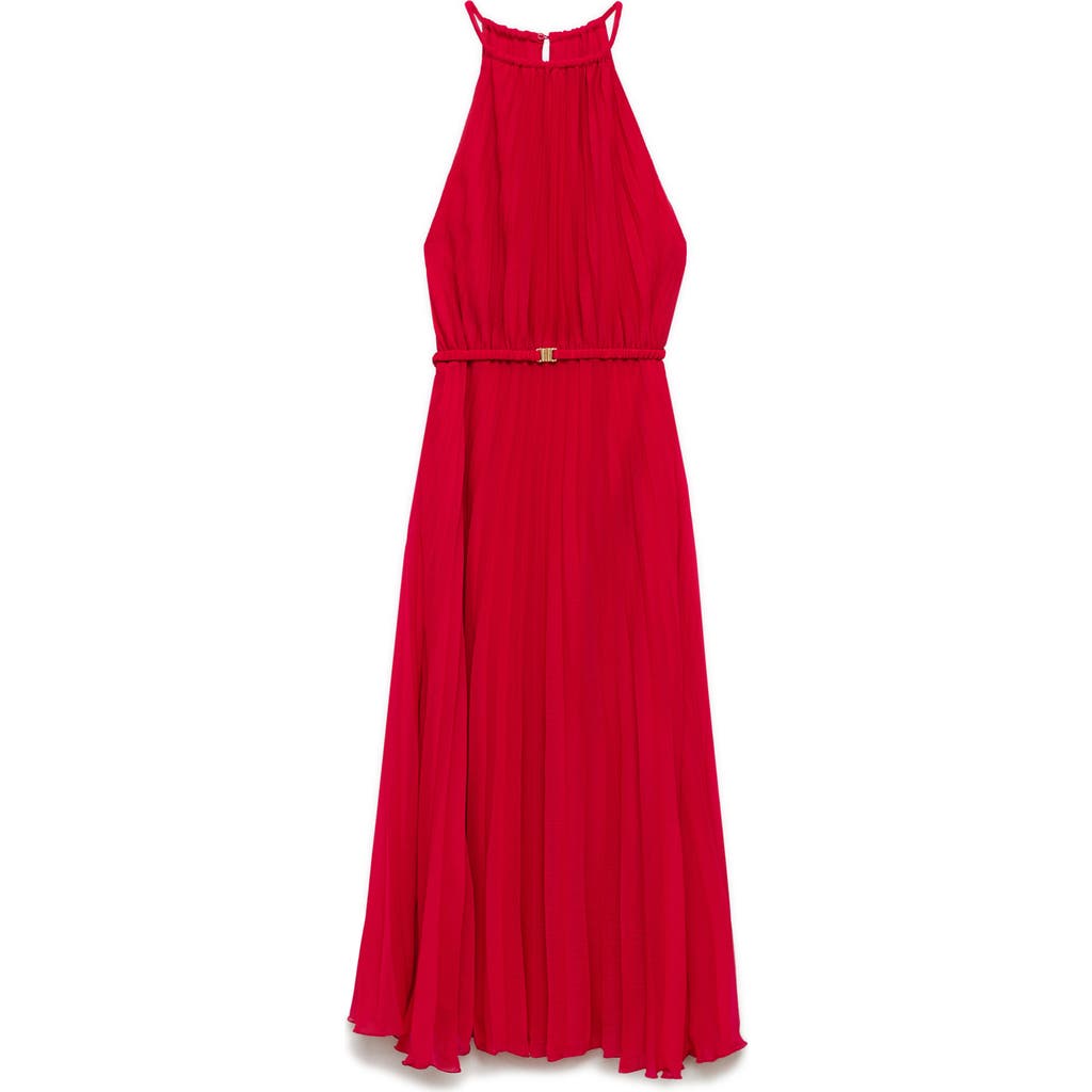 Mango Belt Pleated Dress Red In Red