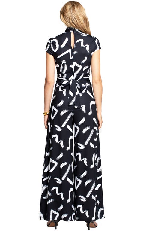 Shop Hotsquash London Clothing Black & White V-neck Wide Leg Jumpsuit In Black With White Brushstrokes