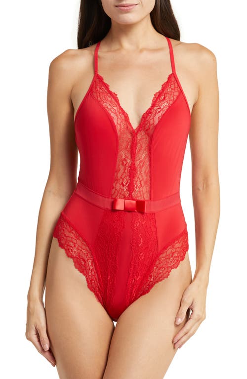 Black Bow Henny Satin & Lace Thong Bodysuit in Tango Red