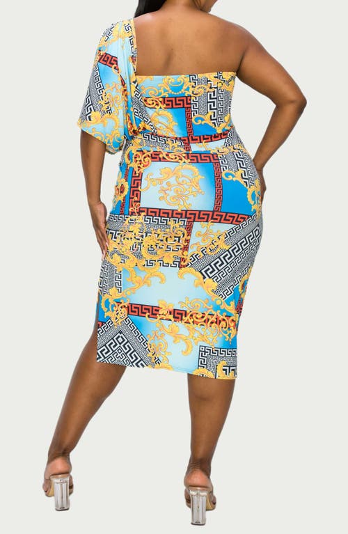 Shop L I V D Sofia Mixed Print One-shoulder Body-con Dress In Blue