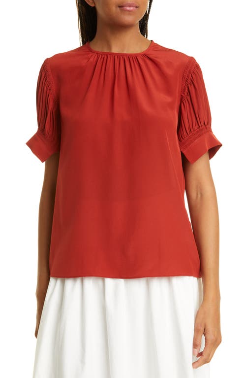Short Sleeve Silk Crêpe de Chine Blouse in Red Clay