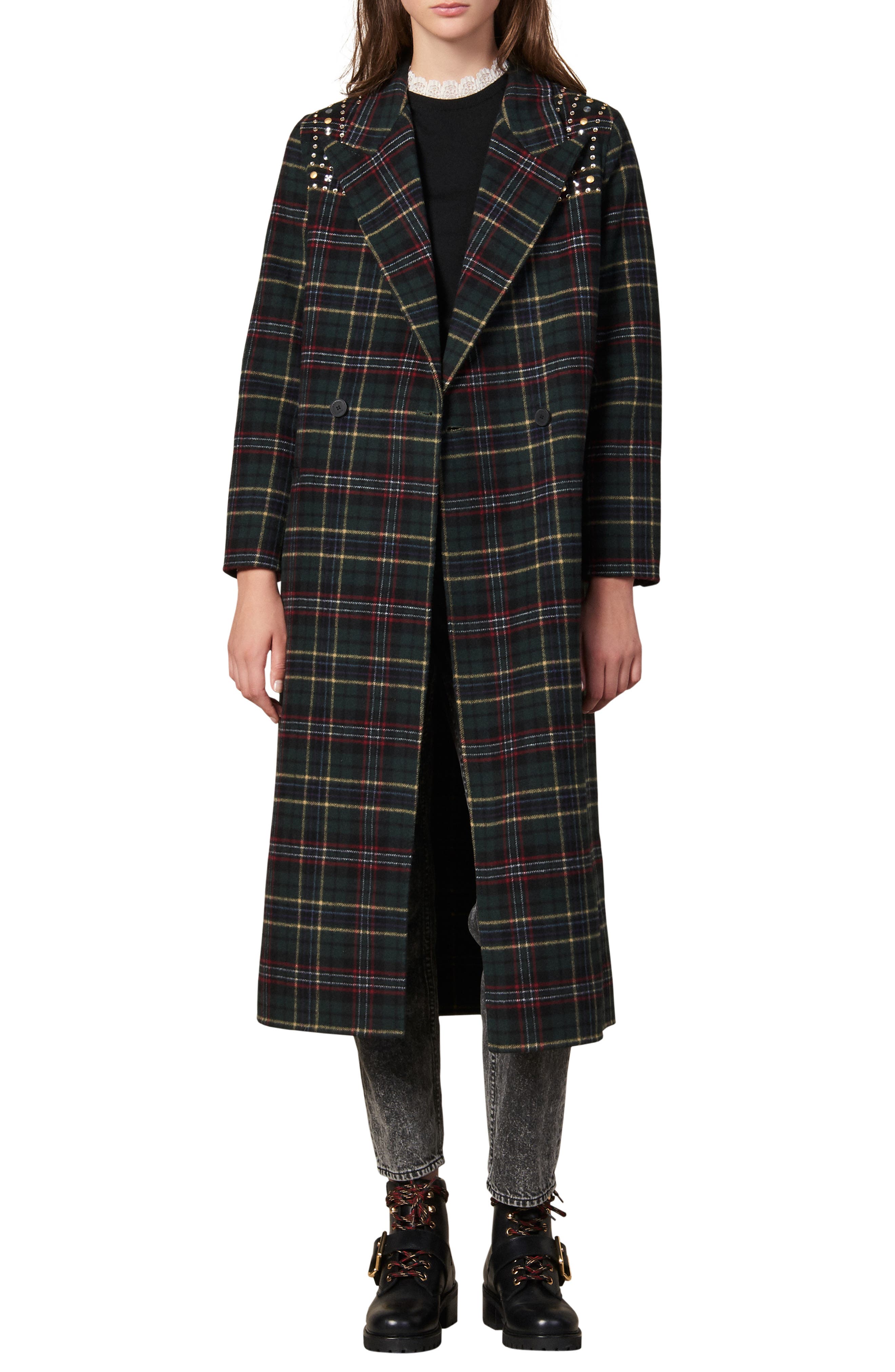 sandro long checked wool coat