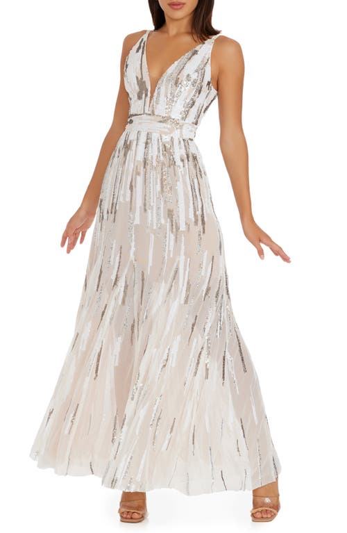 Shop Dress The Population Samira Sequin Embellished Gown In White/silver