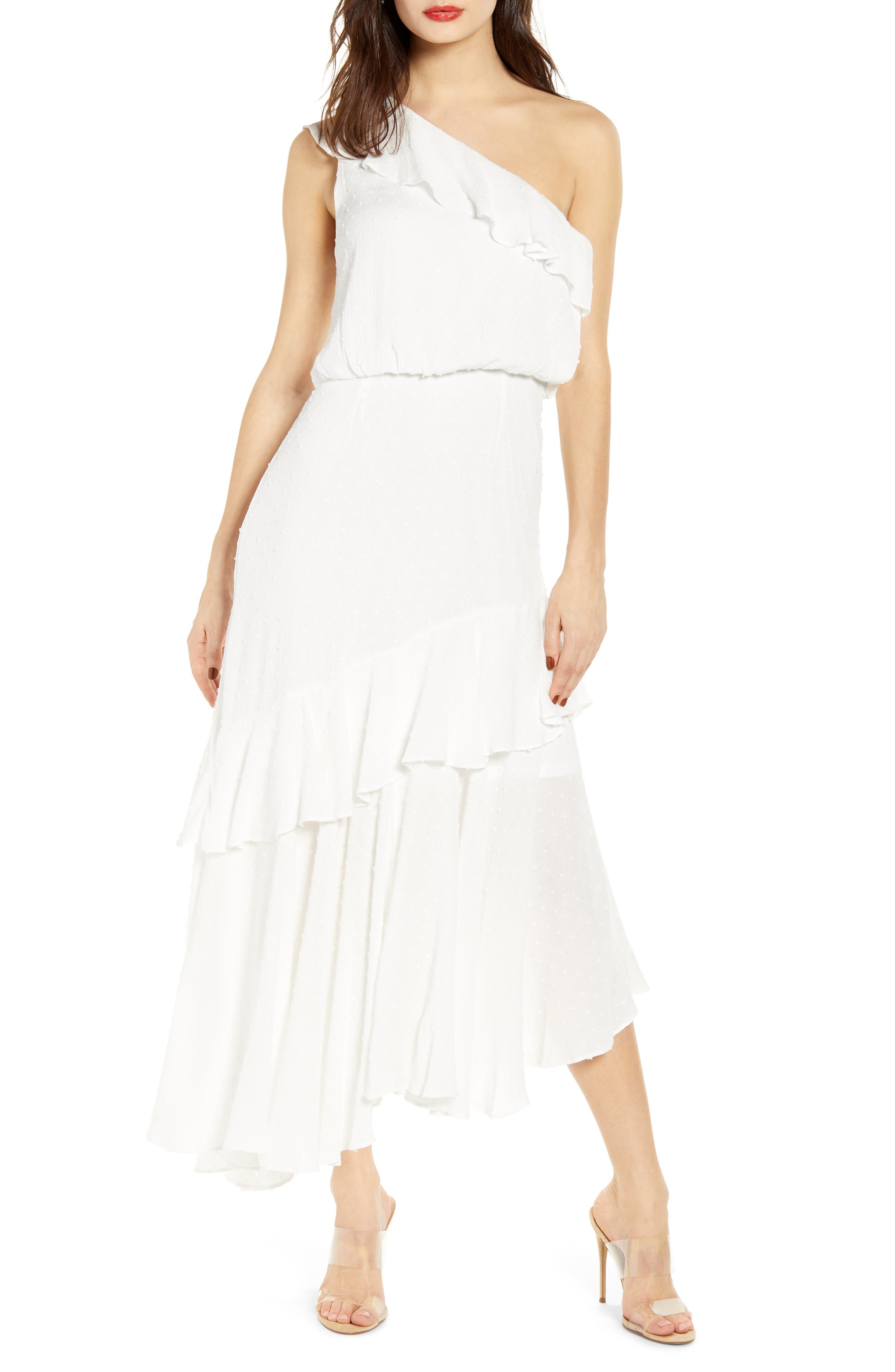 Wayf One-Shoulder Ruffle Dress, White