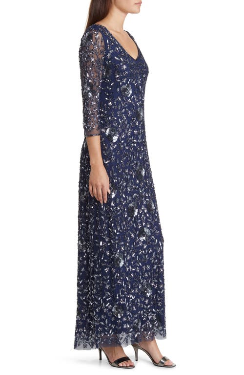 Shop Pisarro Nights Beaded V-neck Sheer Sleeve Cocktail Dress In Navy/gunmetal 421