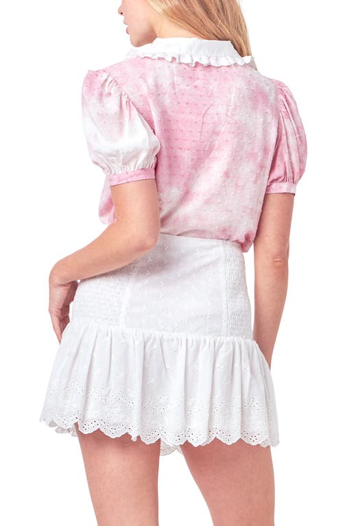 Shop Free The Roses Tie Dye Swiss Dot Ruffle Collar Shirt In Pink/white