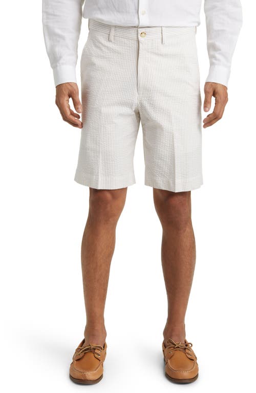 Flat Front Cotton Seersucker Shorts in Tan