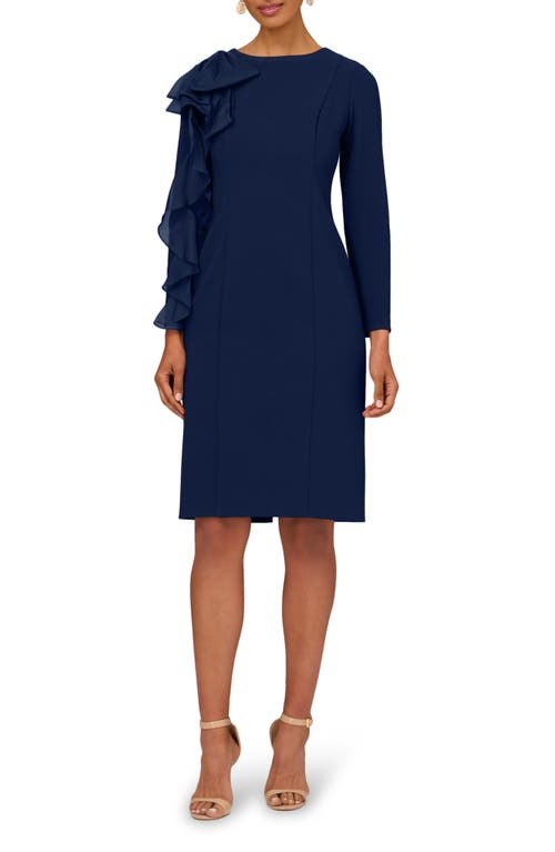 Ruffle Long Sleeve Crepe Sheath Cocktail Dress in Twilight