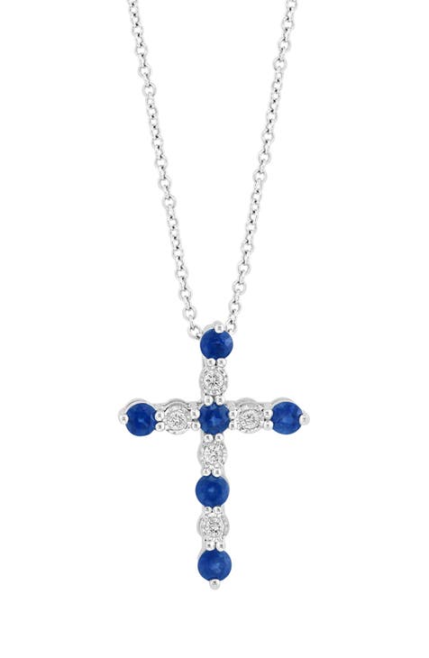 Sterling Silver Sapphire & Diamond Cross Pendant Necklace - 0.07ct.