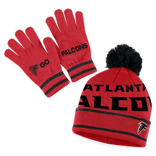 Women's WEAR by Erin Andrews Red Atlanta Falcons Double Jacquard Cuffed Knit Hat with Pom and Gloves Set