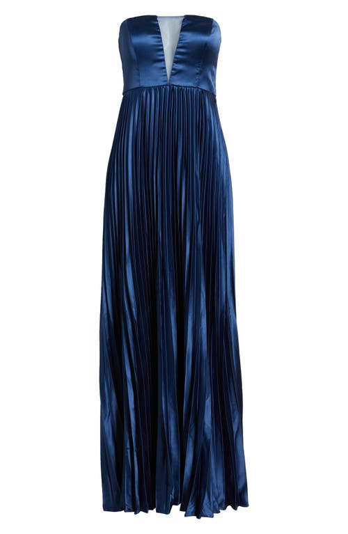 Lulus Perfected Elegance Strapless Pleated Satin Gown In Blue