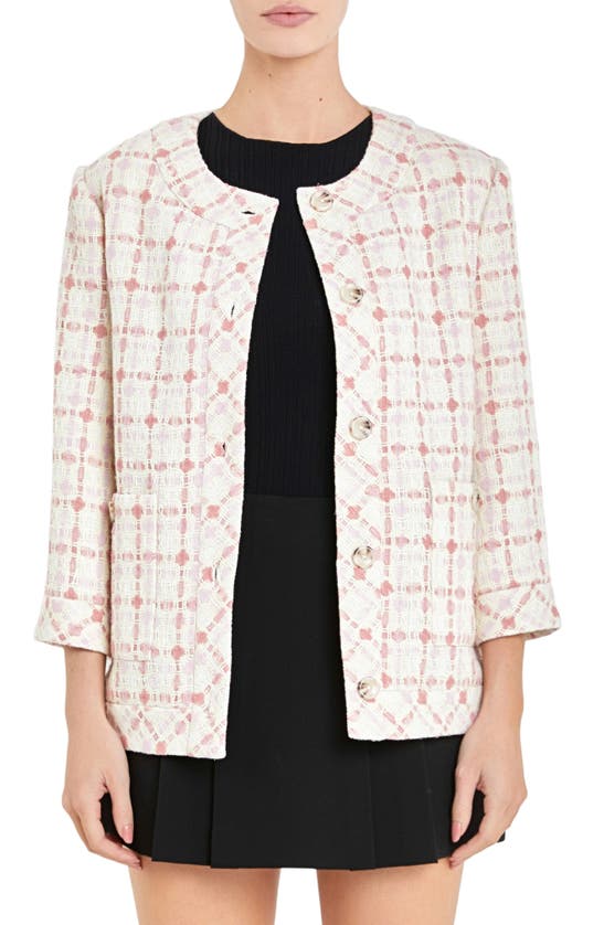 Shop English Factory Boxy Tweed Jacket In Ivory/ Pink Multi