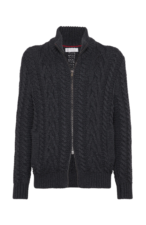 Shop Brunello Cucinelli Cashmere Irish Cable Turtleneck Cardigan In Anthracite