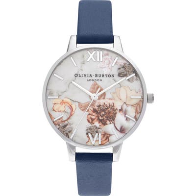 Olivia Burton Marble Florals Leather Strap Watch,