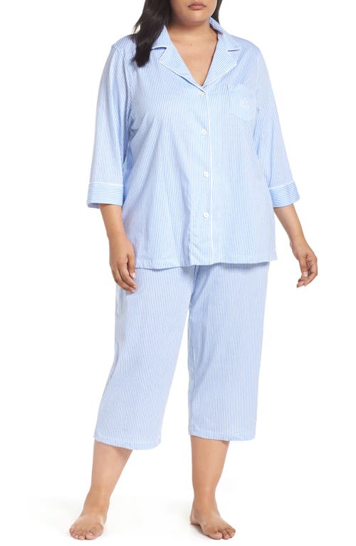 Shop Ralph Lauren Lauren  Knit Crop Pajamas In Carissa Blue/white Stripe