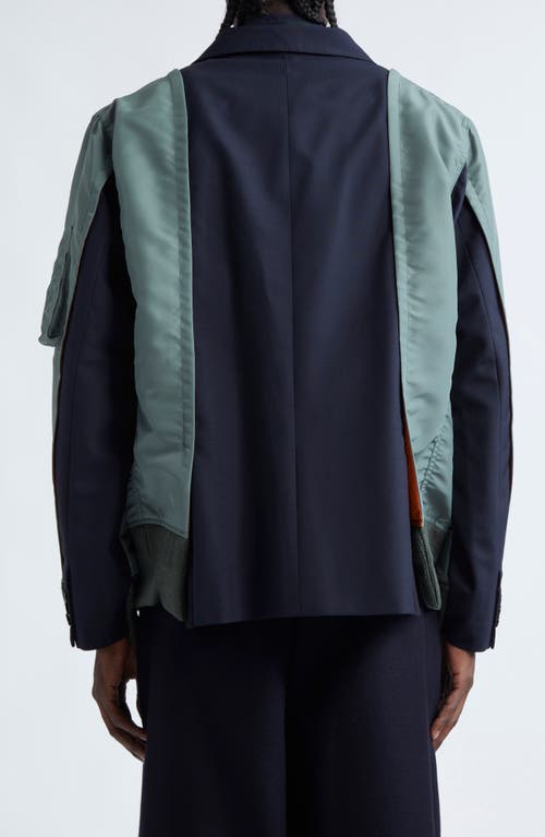 Shop Sacai Mixed Media Suiting Bomber Jacket In Green/dark Blue