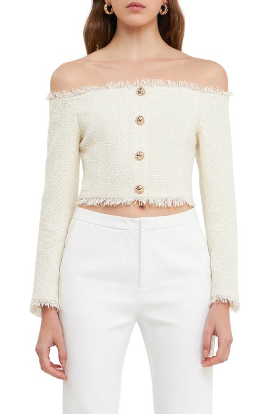 Endless Rose Off The Shoulder Tweed Crop Top In Beige