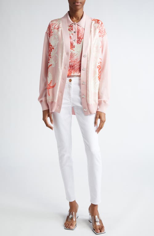 Shop Versace La Vacanza Print Mixed Media Silk Twill & Virgin Wool Blend Cardigan In Dusty Rose Coral Bone
