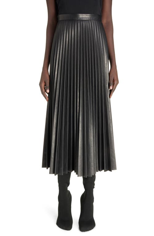 Pleated Leather Midi Skirt in Black