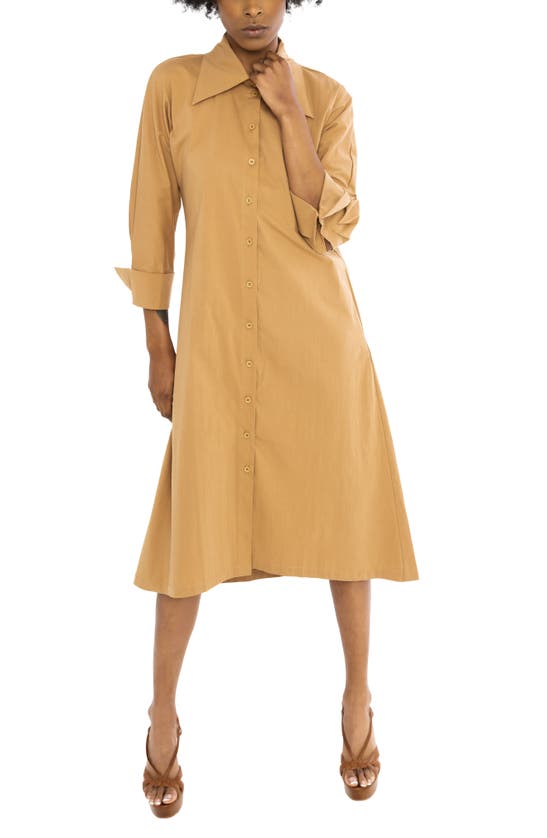 Shop Dai Moda Oversize Long Sleeve Stretch Organic Cotton Shirtdress In Brown