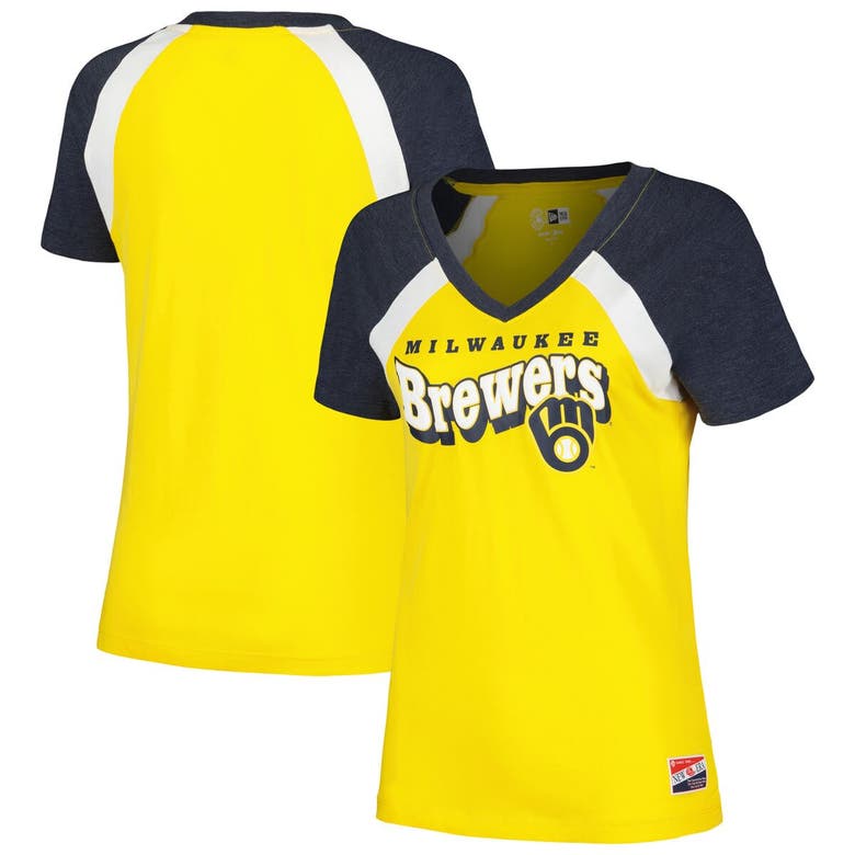 Shop New Era Gold Milwaukee Brewers Heathered Raglan V-neck T-shirt