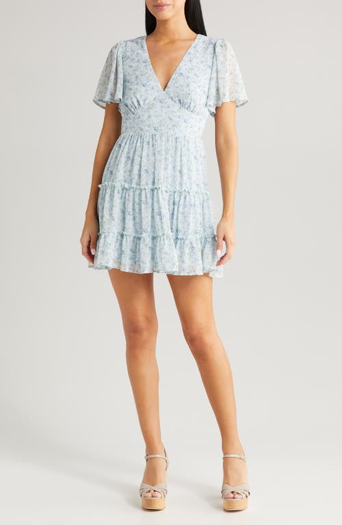 Floral Print Tiered Minidress in Blue Blur Floral