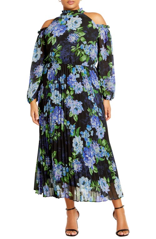 City Chic Promise Floral Cold Shoulder Long Sleeve Maxi Dress In Blue Blooms