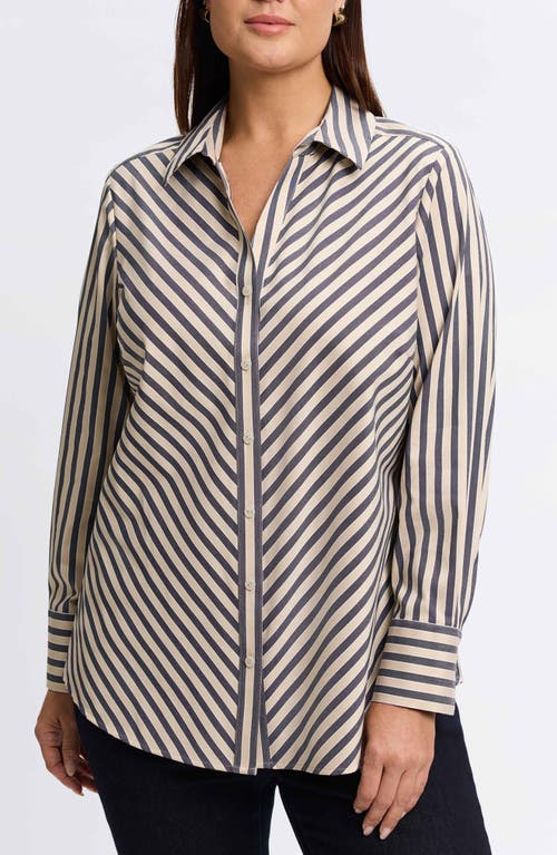 Shop Foxcroft Mary Neutral Stripe Stretch Button-up Shirt In Black