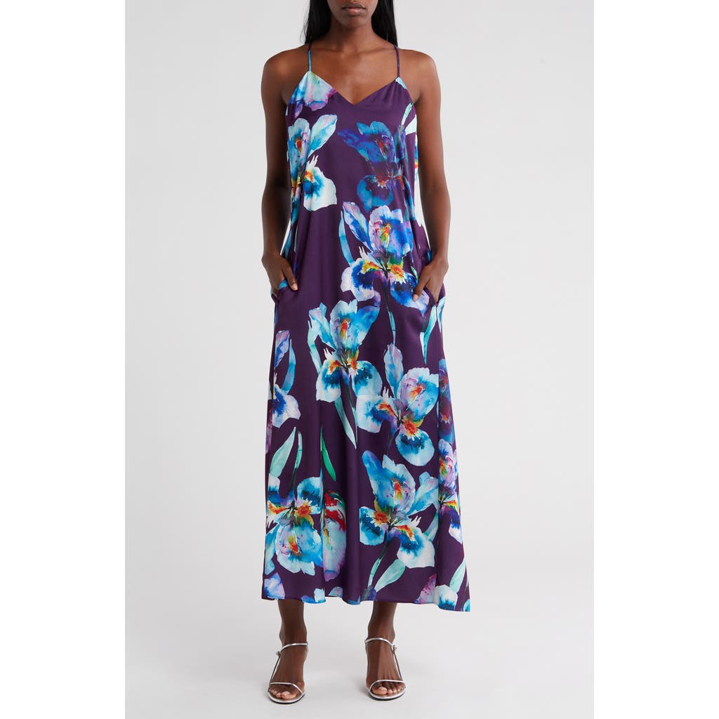 Shop Connected Apparel Floral Print Satin Slipdress In Plum