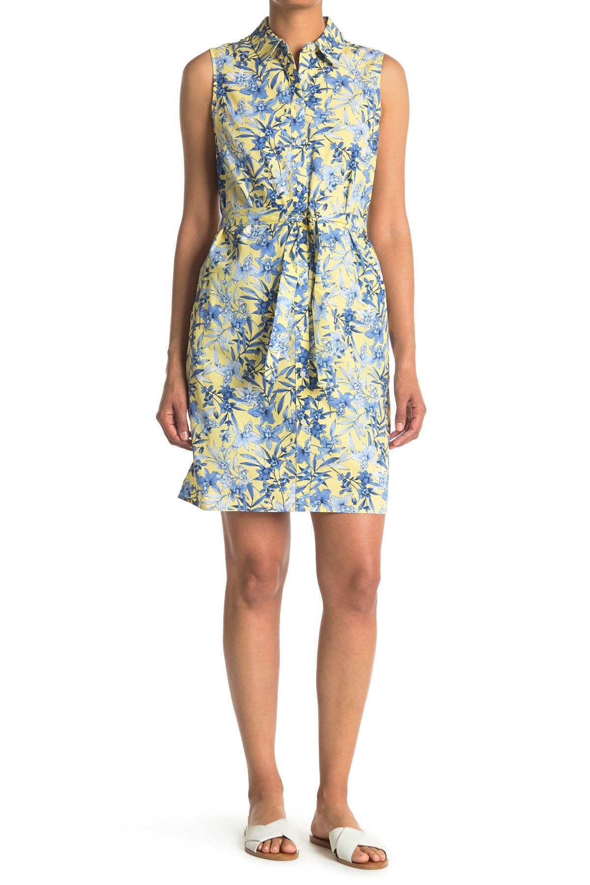 Tommy Hilfiger Belted Floral Print Sleeveless Shirt Dress In Open Yellow47