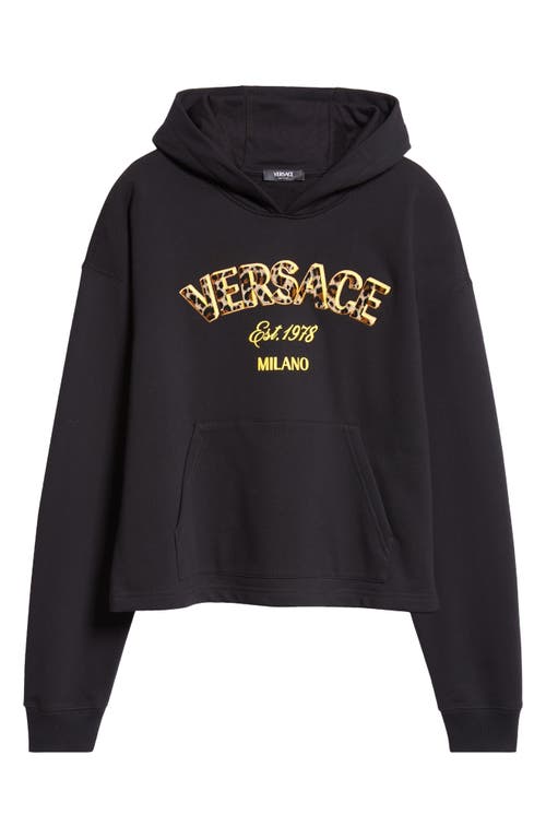 Shop Versace Leopard Spot Logo Cotton Hoodie In Black