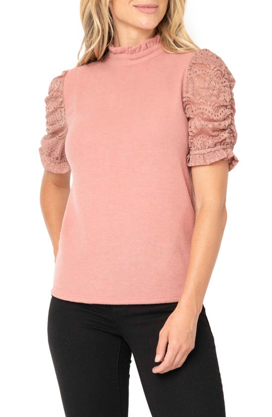 Gibsonlook Cinched Lace Sleeve Knit Top In Pink
