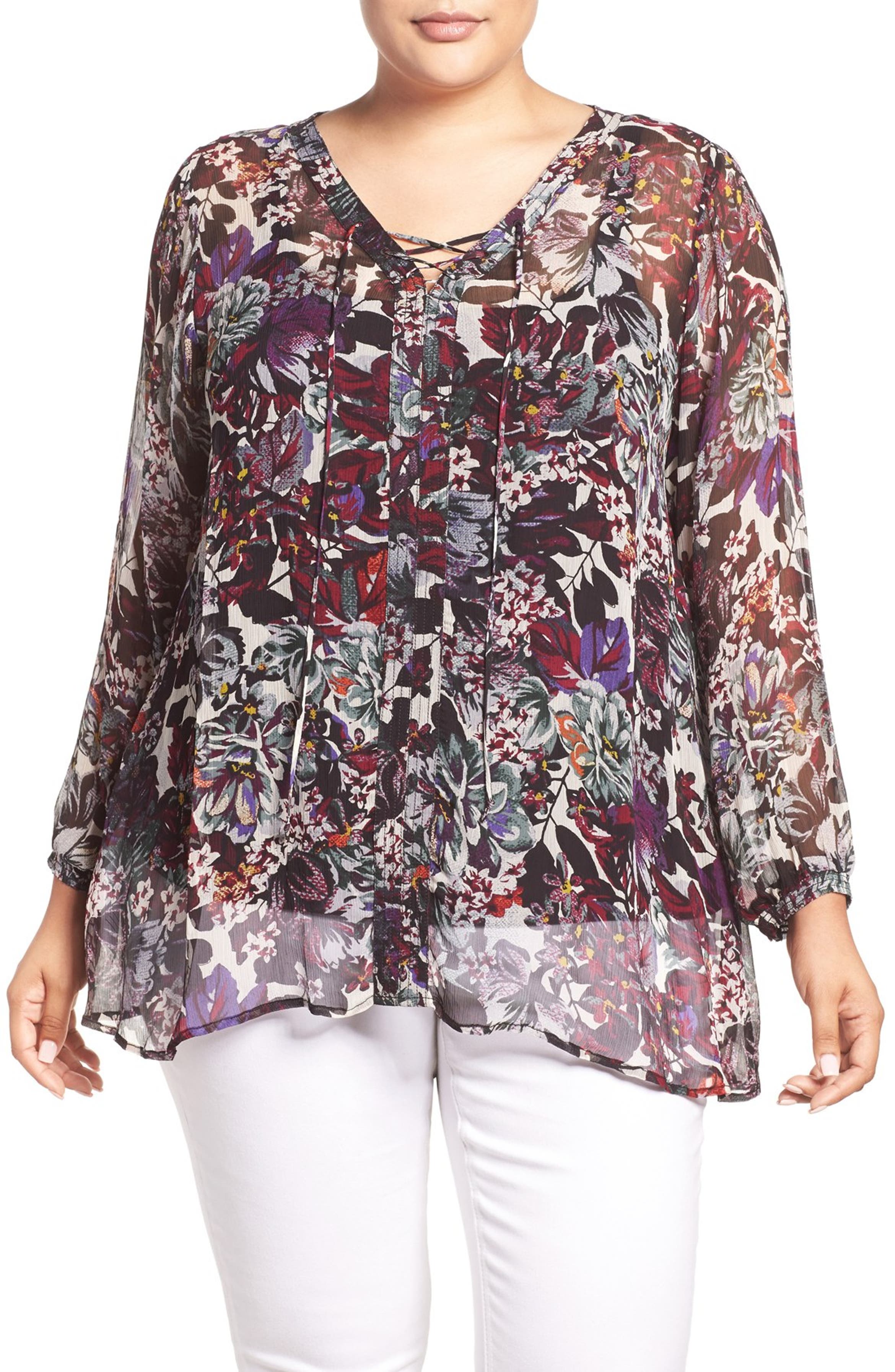 Lucky Brand Sheer Floral Print Lace-Up Peasant Blouse (Plus Size ...