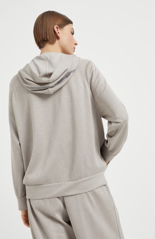 Shop Brunello Cucinelli Cotton And Silk Interlock Hooded Sweatshirt With Precious Stripe In Light Grey