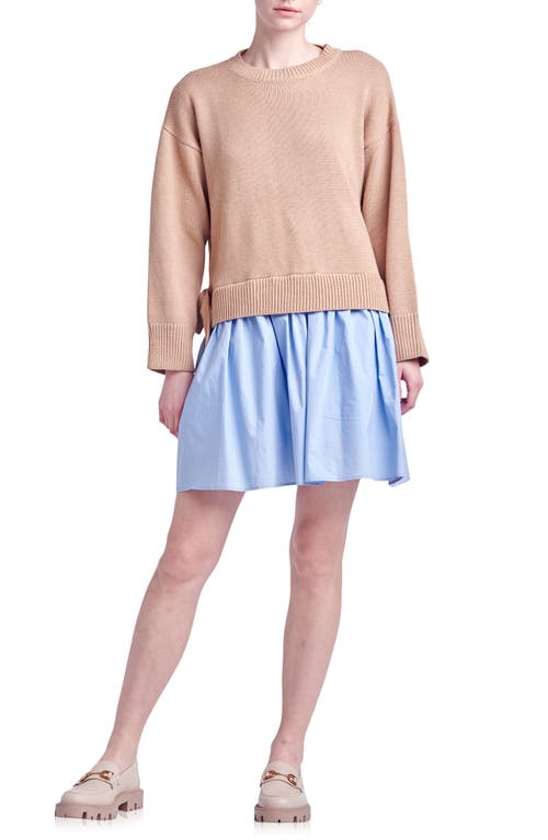 Shop English Factory Side Tie Twofer Dress In Tan/powder Blue