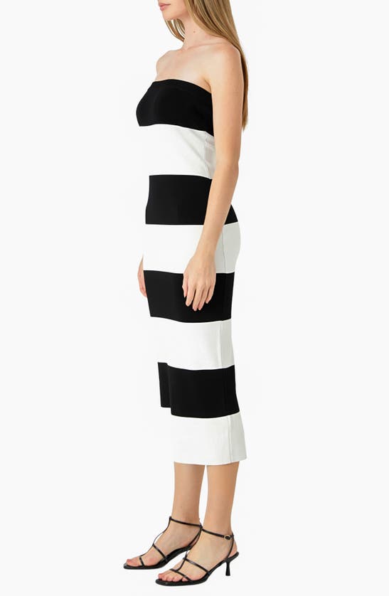 Shop Endless Rose Stripe Strapless Tube Midi Dress In Black/ White