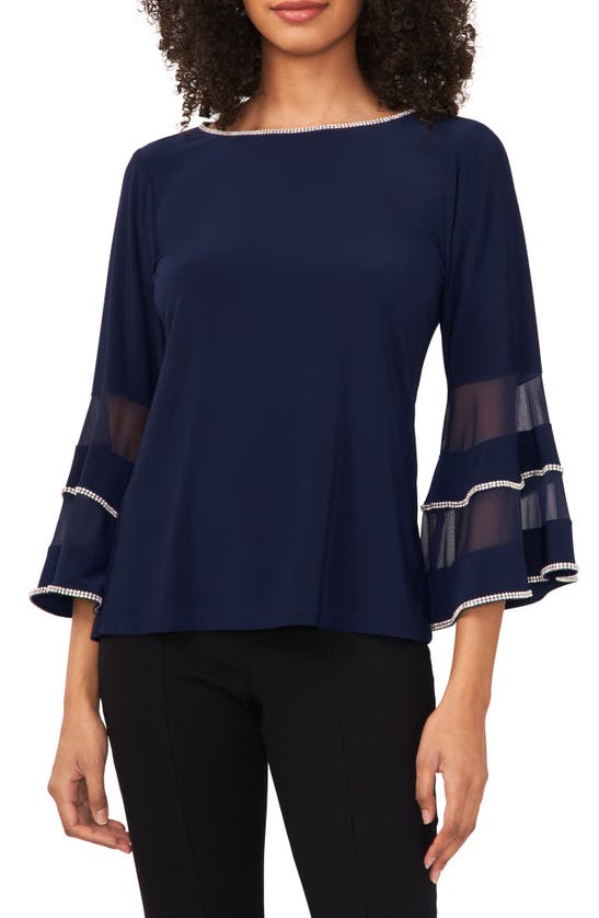 Chaus Rhinestone Illusion Bell Sleeve Top In Navy